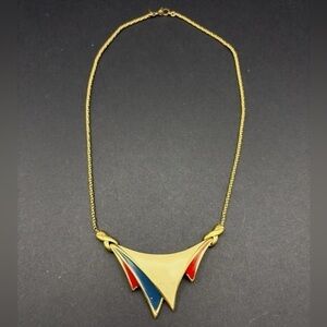 Signed Monet Enamel Triangle Pendant Necklace 16” Gold Tone Red Blue Geometric